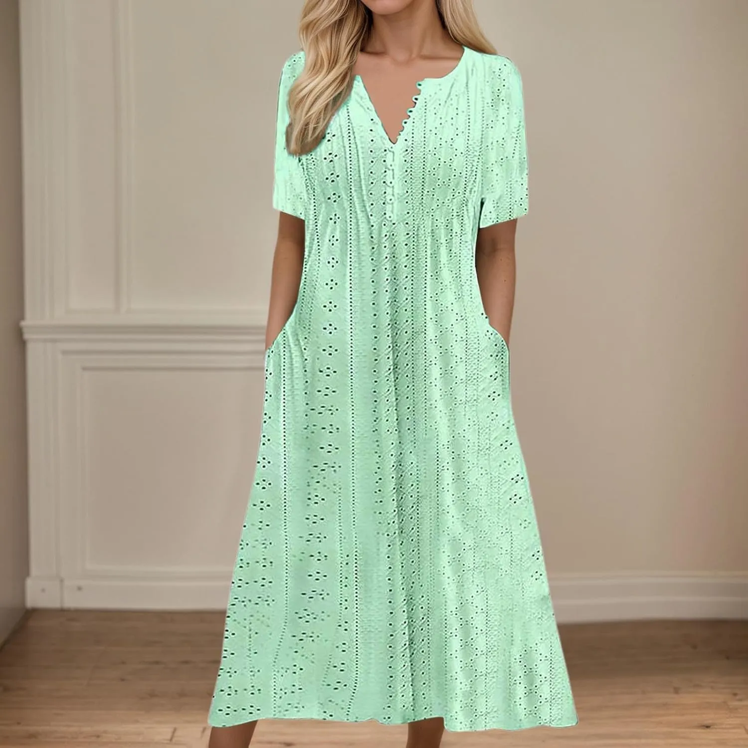 Summer Boho Floral Maxi Dress for Women Linen Beach Sundress with Pockets V-Neck Lace Trim Flowy Vacation Dress