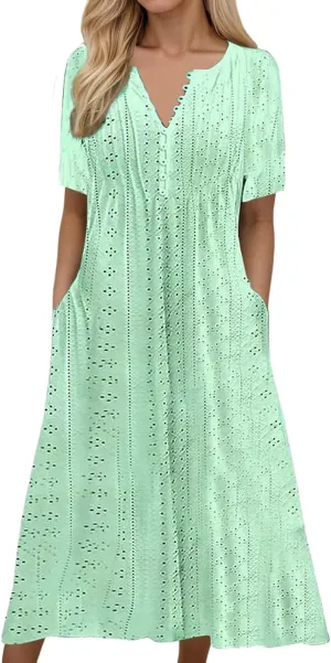 Summer Boho Floral Maxi Dress for Women Linen Beach Sundress with Pockets V-Neck Lace Trim Flowy Vacation Dress