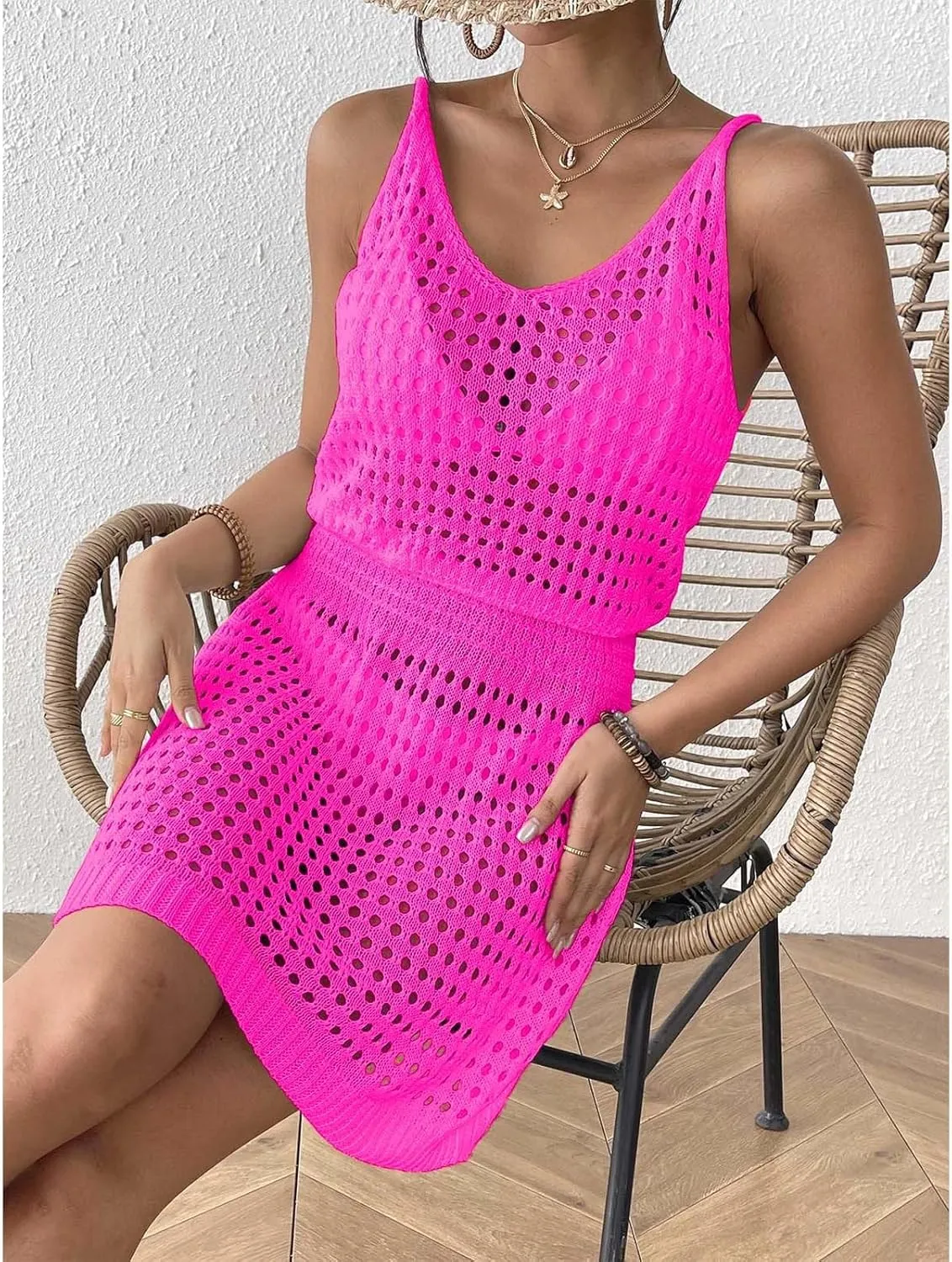 Summer Crochet Hollow Out Knit Beach Bathing Suit Swim Cover Ups Cruise Outfits Vacation Dresses for Women 2025