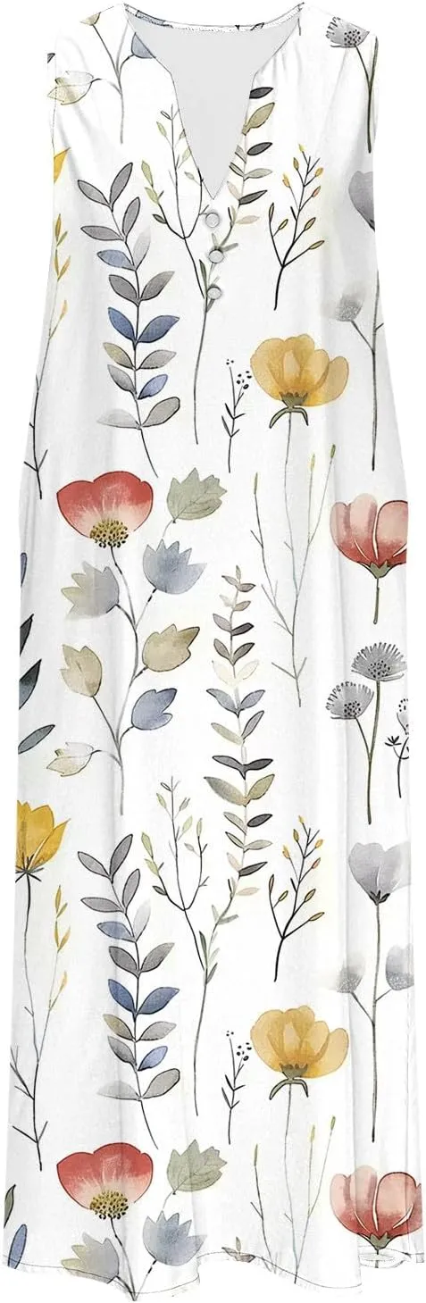 Summer Dress Women 2025 Sleeveless Tank Dresses Vacation Plus Size Casual Button V-Neck Boho Floral Beach Sundress