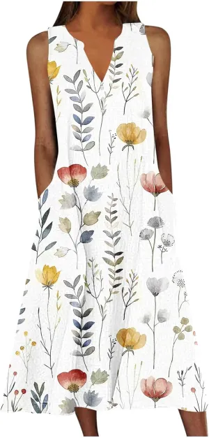 Summer Dress Women 2025 Sleeveless Tank Dresses Vacation Plus Size Casual Button V-Neck Boho Floral Beach Sundress