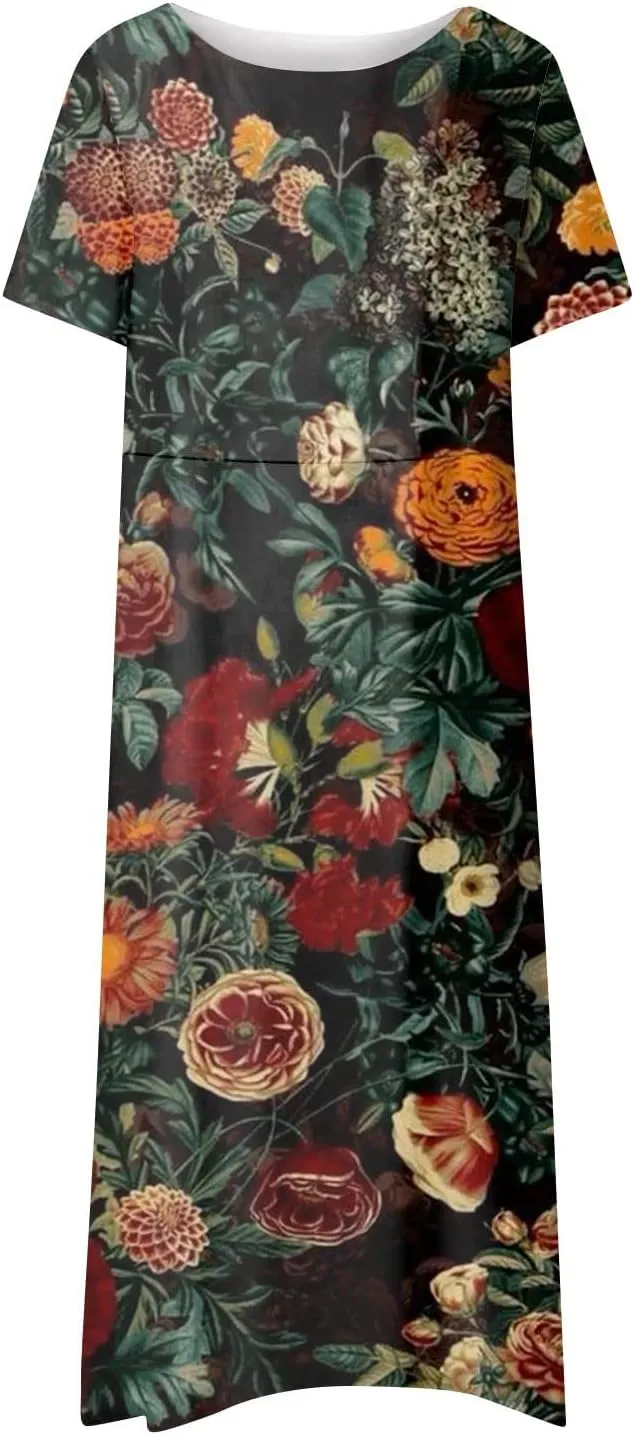Summer Dresses for Women 2024 Pocket Short Sleeve Beach Dress Printed Pleated Dresses Round Neck Comfy Maxi Dress