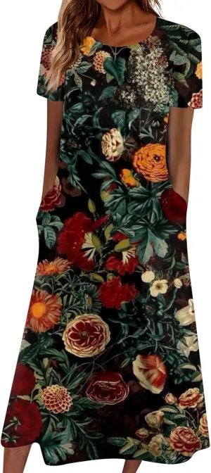 Summer Dresses for Women 2024 Pocket Short Sleeve Beach Dress Printed Pleated Dresses Round Neck Comfy Maxi Dress