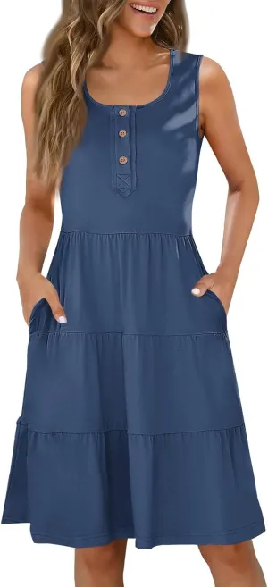 Summer Dresses for Women 2025 Beach Vacation Crewneck Casual Sleeveless Tank Dress Midi Hawaiian Boho Sundresses