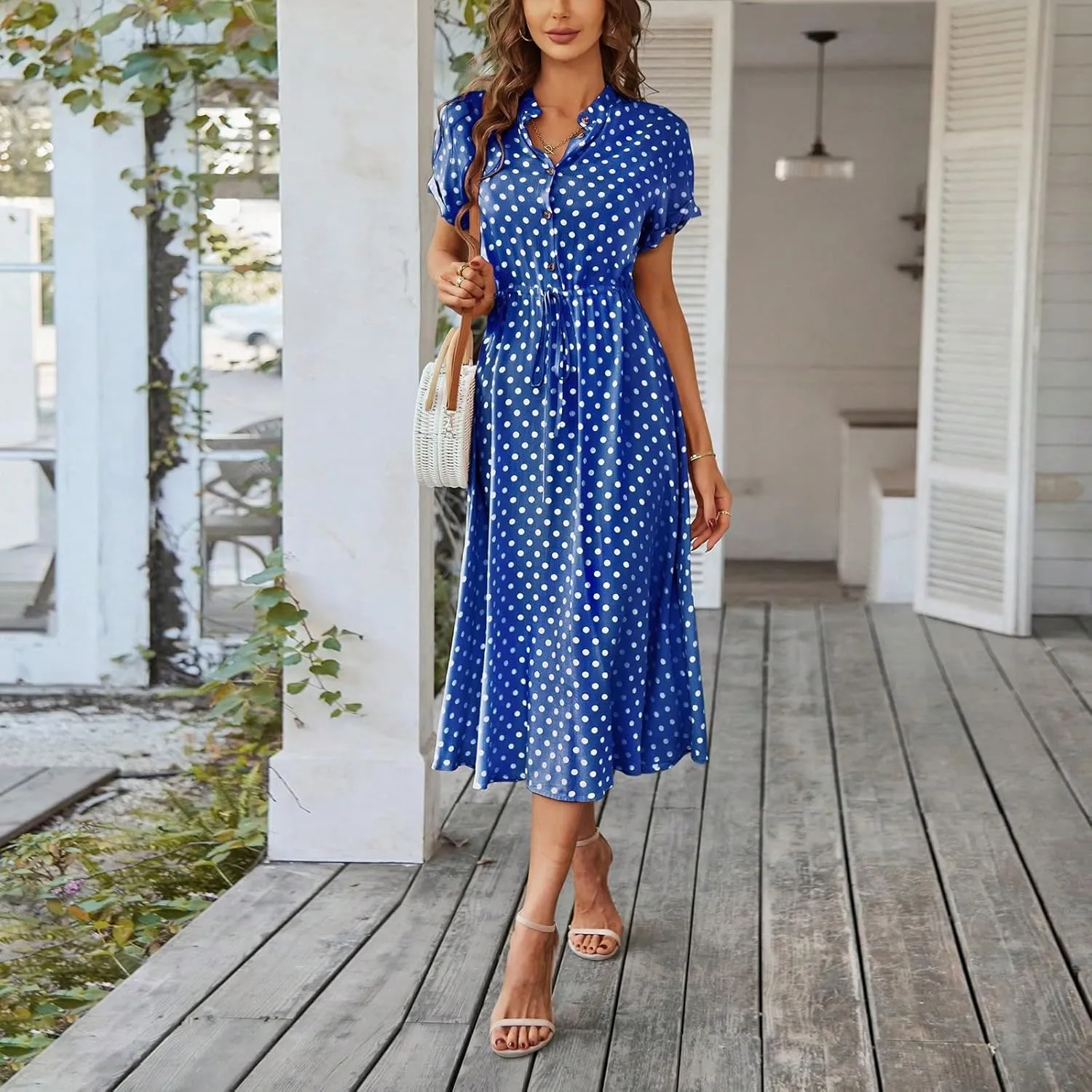 Summer Dresses for Women 2025 Casual Loose Trendy Short Sleeve V-Neck Boho Polka Dot Print Beach Maxi Dress, S-2XL