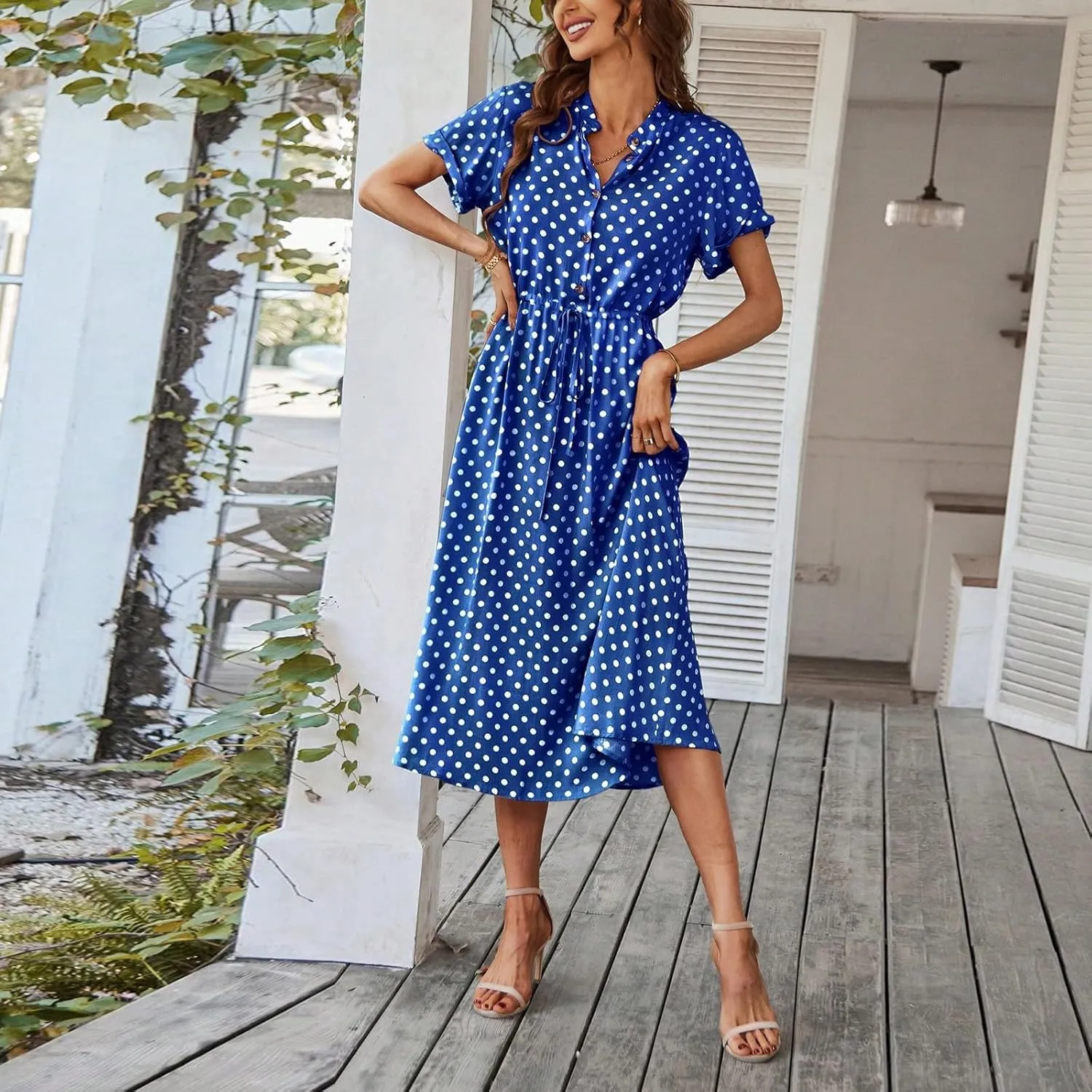 Summer Dresses for Women 2025 Casual Loose Trendy Short Sleeve V-Neck Boho Polka Dot Print Beach Maxi Dress, S-2XL