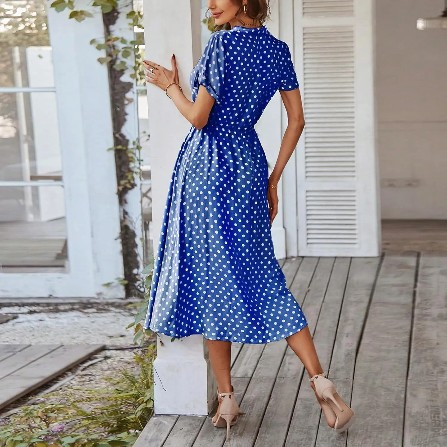 Summer Dresses for Women 2025 Casual Loose Trendy Short Sleeve V-Neck Boho Polka Dot Print Beach Maxi Dress, S-2XL