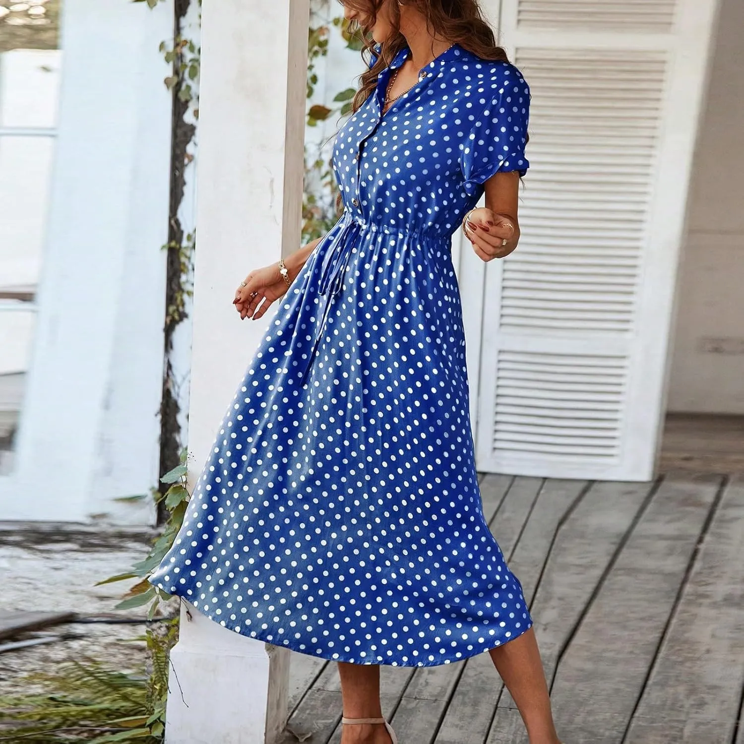 Summer Dresses for Women 2025 Casual Loose Trendy Short Sleeve V-Neck Boho Polka Dot Print Beach Maxi Dress, S-2XL