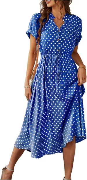 Summer Dresses for Women 2025 Casual Loose Trendy Short Sleeve V-Neck Boho Polka Dot Print Beach Maxi Dress, S-2XL