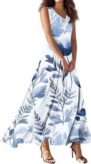 Summer Dresses for Women 2025 Maxi Floral Chiffon Dresses V Neck Sleeveless Tank Dress Flowy Sundresses for Vacation