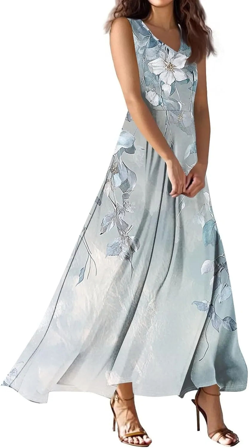 Summer Dresses for Women 2025 Maxi Floral Chiffon Dresses V Neck Sleeveless Tank Dress Flowy Sundresses for Vacation