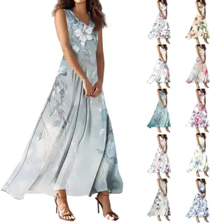 Summer Dresses for Women 2025 Maxi Floral Chiffon Dresses V Neck Sleeveless Tank Dress Flowy Sundresses for Vacation