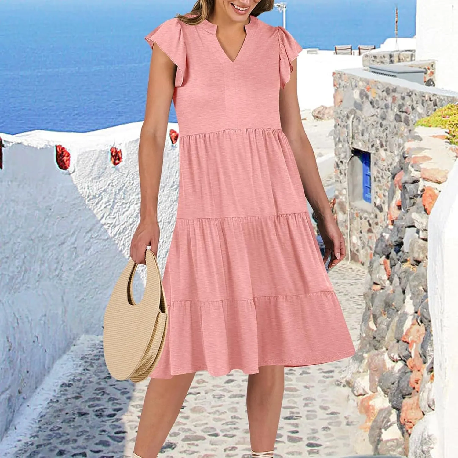 Summer Dresses for Women 2025 Ruffle Sleeve V-Neck Layered A-Line Midi Wedding Guest Boho Beach Vacation Sundresses