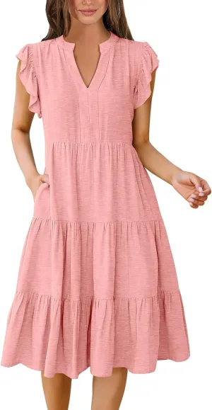 Summer Dresses for Women 2025 Ruffle Sleeve V-Neck Layered A-Line Midi Wedding Guest Boho Beach Vacation Sundresses