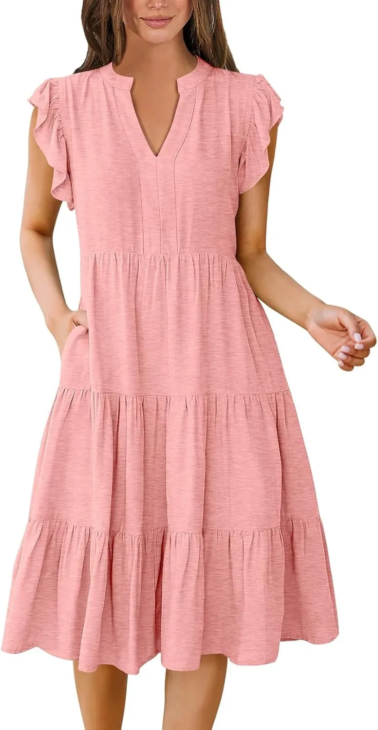 Summer Dresses for Women 2025 Ruffle Sleeve V-Neck Layered A-Line Midi Wedding Guest Boho Beach Vacation Sundresses