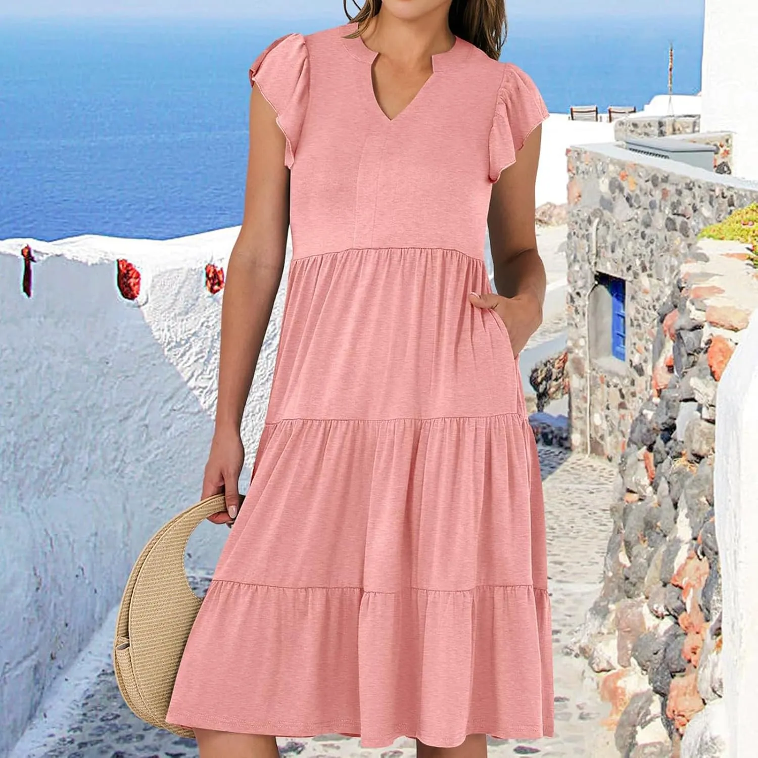 Summer Dresses for Women 2025 Ruffle Sleeve V-Neck Layered A-Line Midi Wedding Guest Boho Beach Vacation Sundresses
