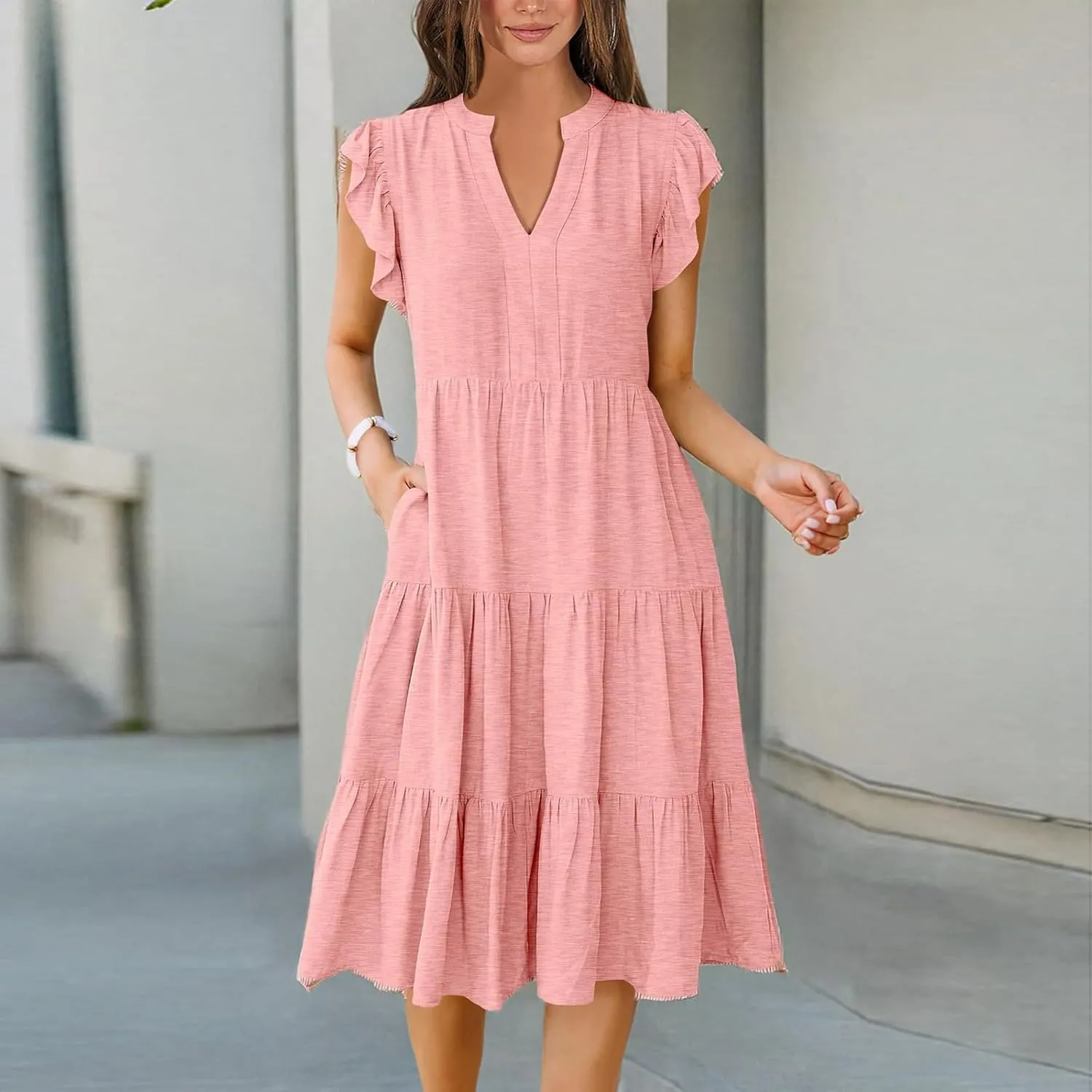 Summer Dresses for Women 2025 Ruffle Sleeve V-Neck Layered A-Line Midi Wedding Guest Boho Beach Vacation Sundresses