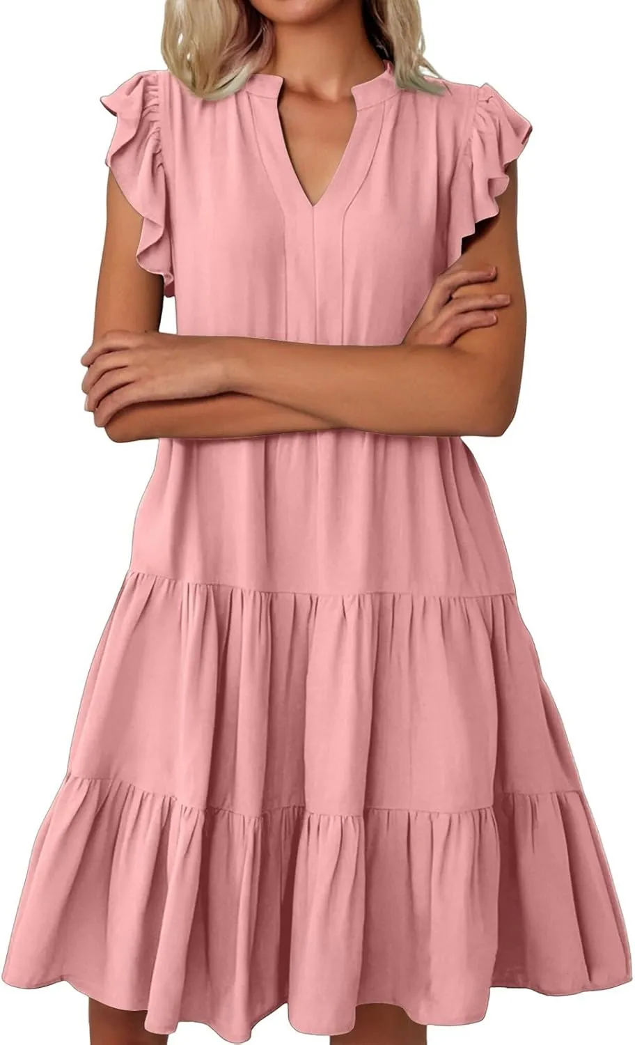 Summer Dresses for Women 2025 Ruffle Sleeve V-Neck Layered A-Line Midi Wedding Guest Boho Beach Vacation Sundresses