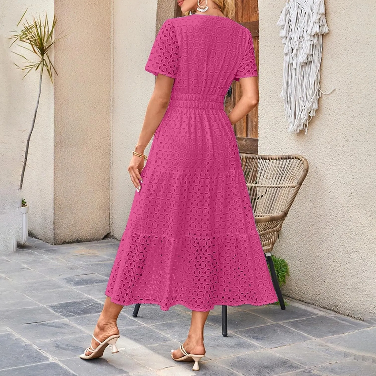 Summer Dresses for Women 2025 Short Sleeve Eyelet Cover Ups Long Dress Boho Dressy Casual Maxi Dresses with Pockets