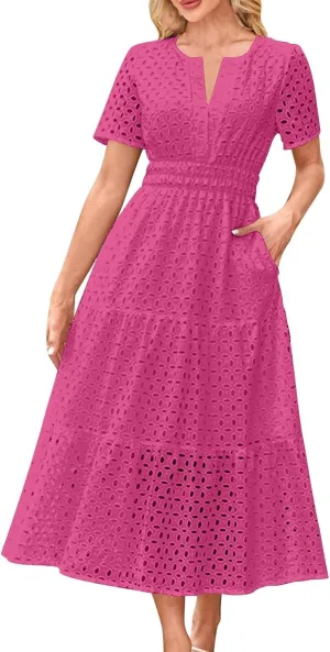 Summer Dresses for Women 2025 Short Sleeve Eyelet Cover Ups Long Dress Boho Dressy Casual Maxi Dresses with Pockets