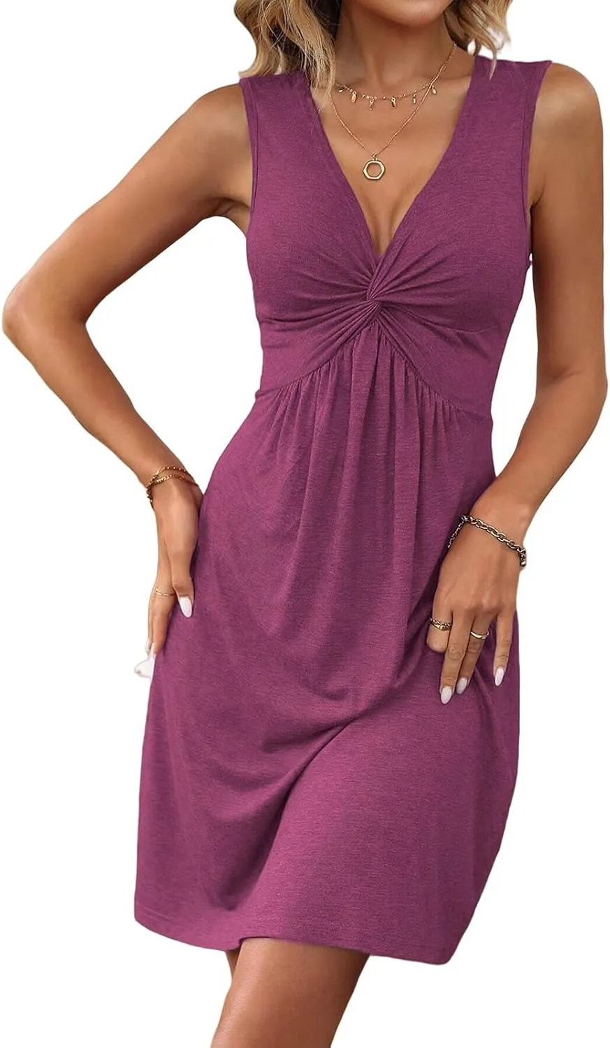 Summer Dresses for Women 2025 V Neck Front Knotted Dresses Sleeveless Mini/Midi Dress Elegant Club Party Tunic Dress