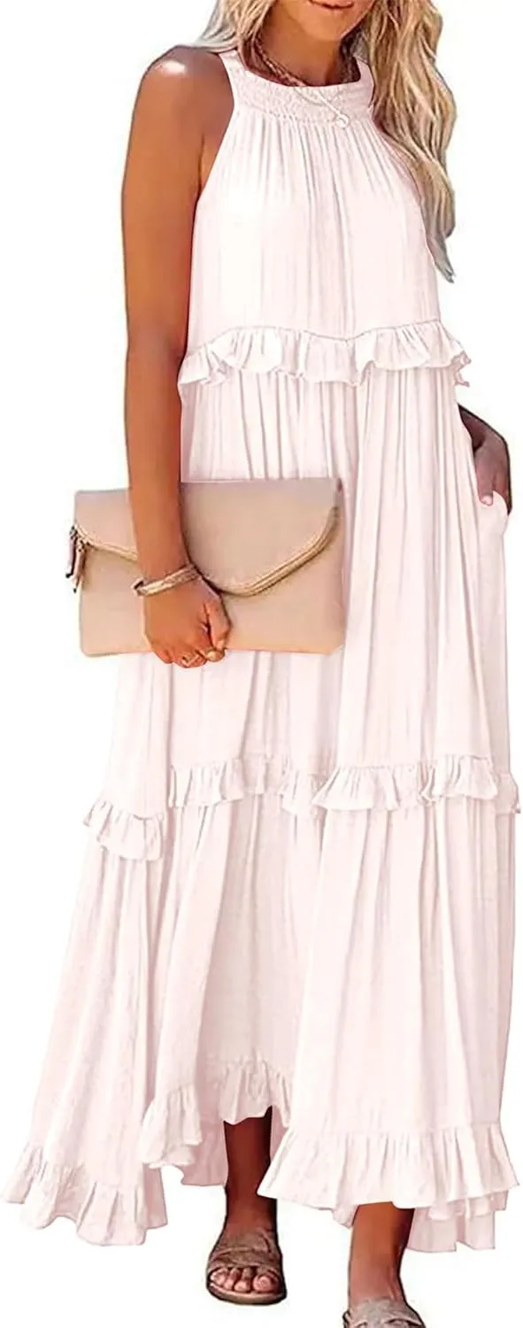 Summer Dresses for Women Casual Sleeveless Halter Tiered Beach Sundresses Flowy Swing Maxi Long Dresses