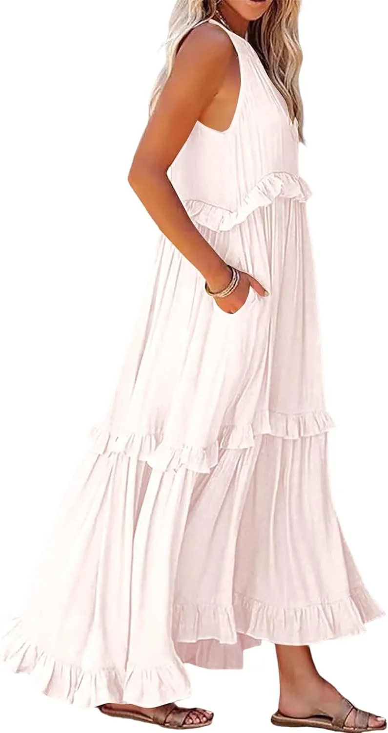 Summer Dresses for Women Casual Sleeveless Halter Tiered Beach Sundresses Flowy Swing Maxi Long Dresses