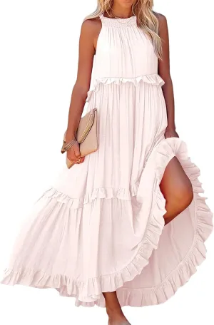 Summer Dresses for Women Casual Sleeveless Halter Tiered Beach Sundresses Flowy Swing Maxi Long Dresses