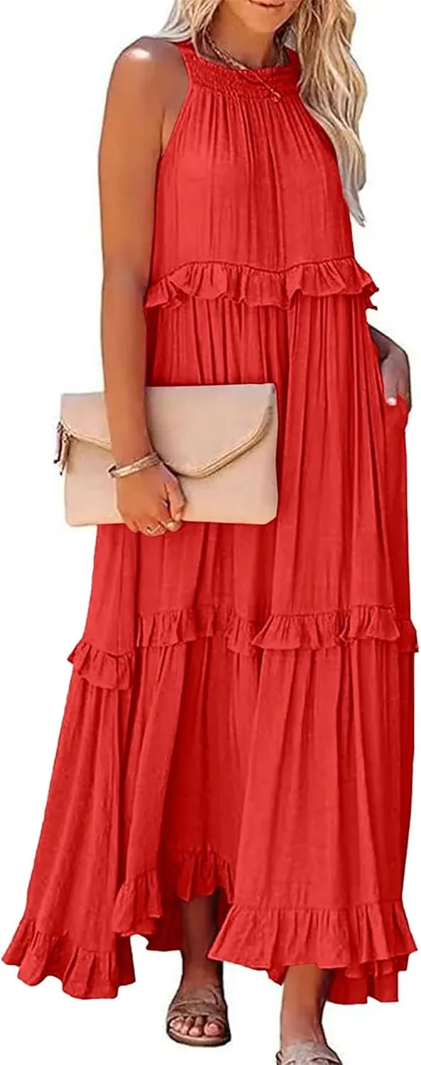 Summer Dresses for Women Casual Sleeveless Halter Tiered Beach Sundresses Flowy Swing Maxi Long Dresses