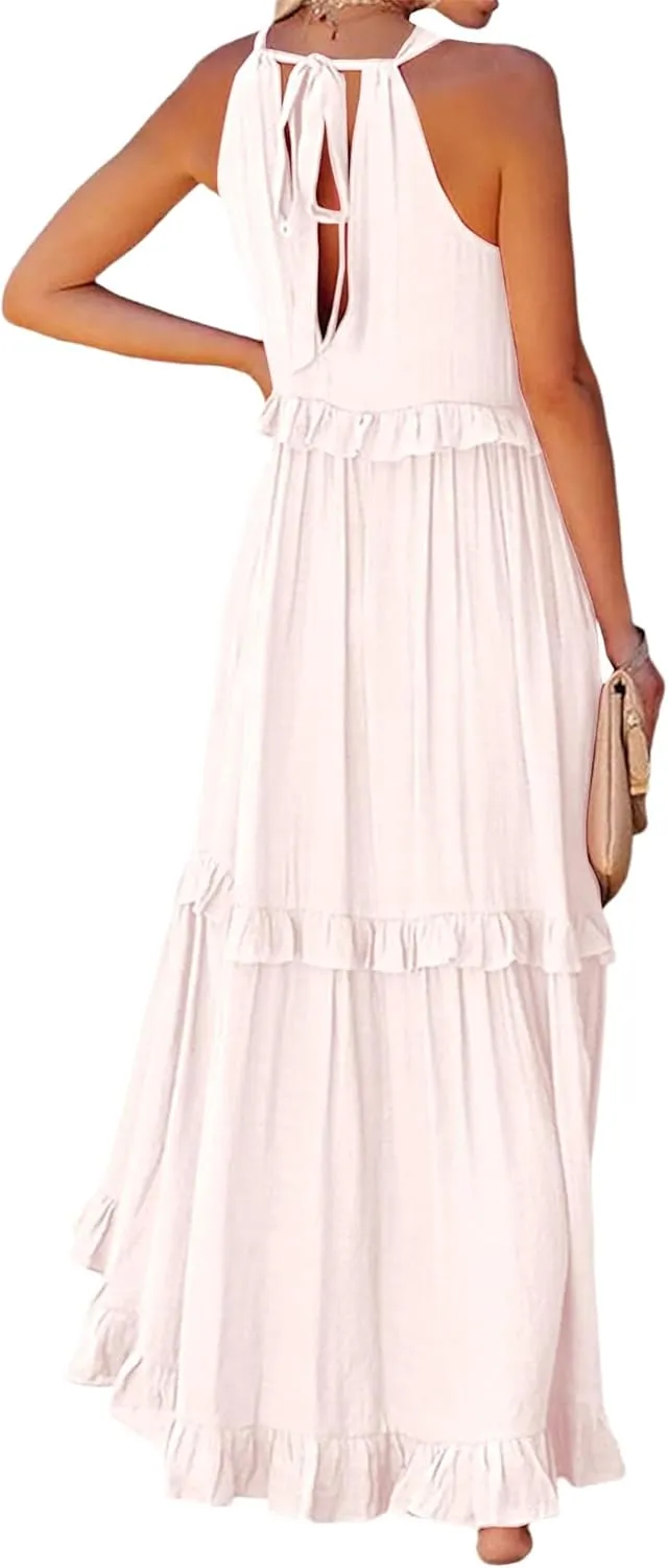 Summer Dresses for Women Casual Sleeveless Halter Tiered Beach Sundresses Flowy Swing Maxi Long Dresses