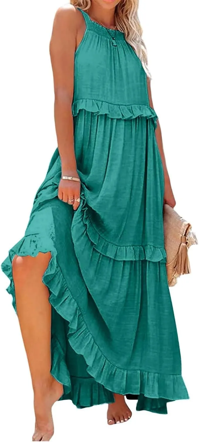 Summer Dresses for Women Casual Sleeveless Halter Tiered Beach Sundresses Flowy Swing Maxi Long Dresses