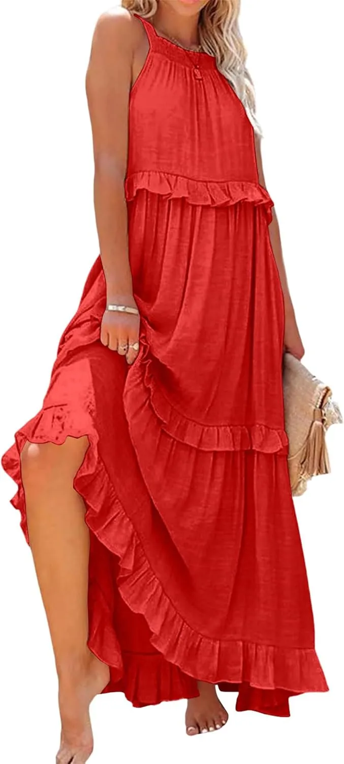 Summer Dresses for Women Casual Sleeveless Halter Tiered Beach Sundresses Flowy Swing Maxi Long Dresses