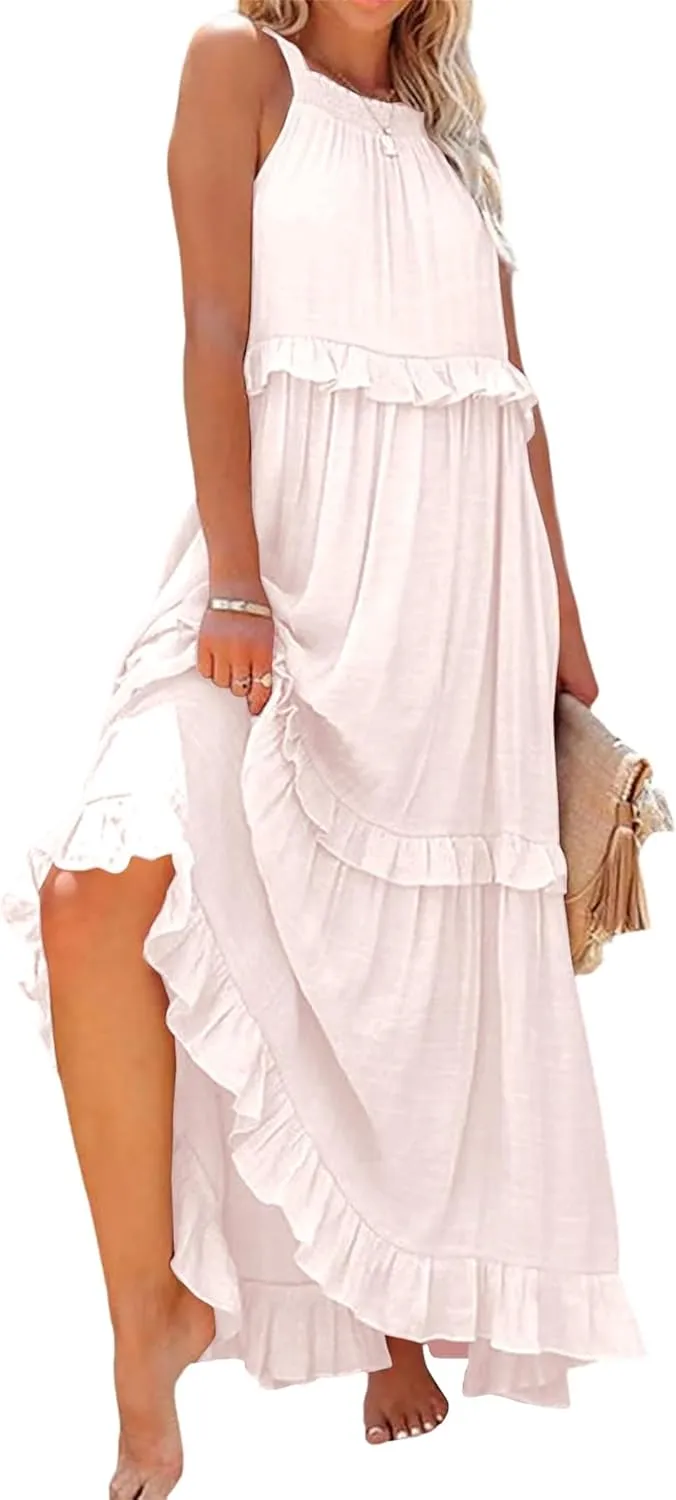 Summer Dresses for Women Casual Sleeveless Halter Tiered Beach Sundresses Flowy Swing Maxi Long Dresses