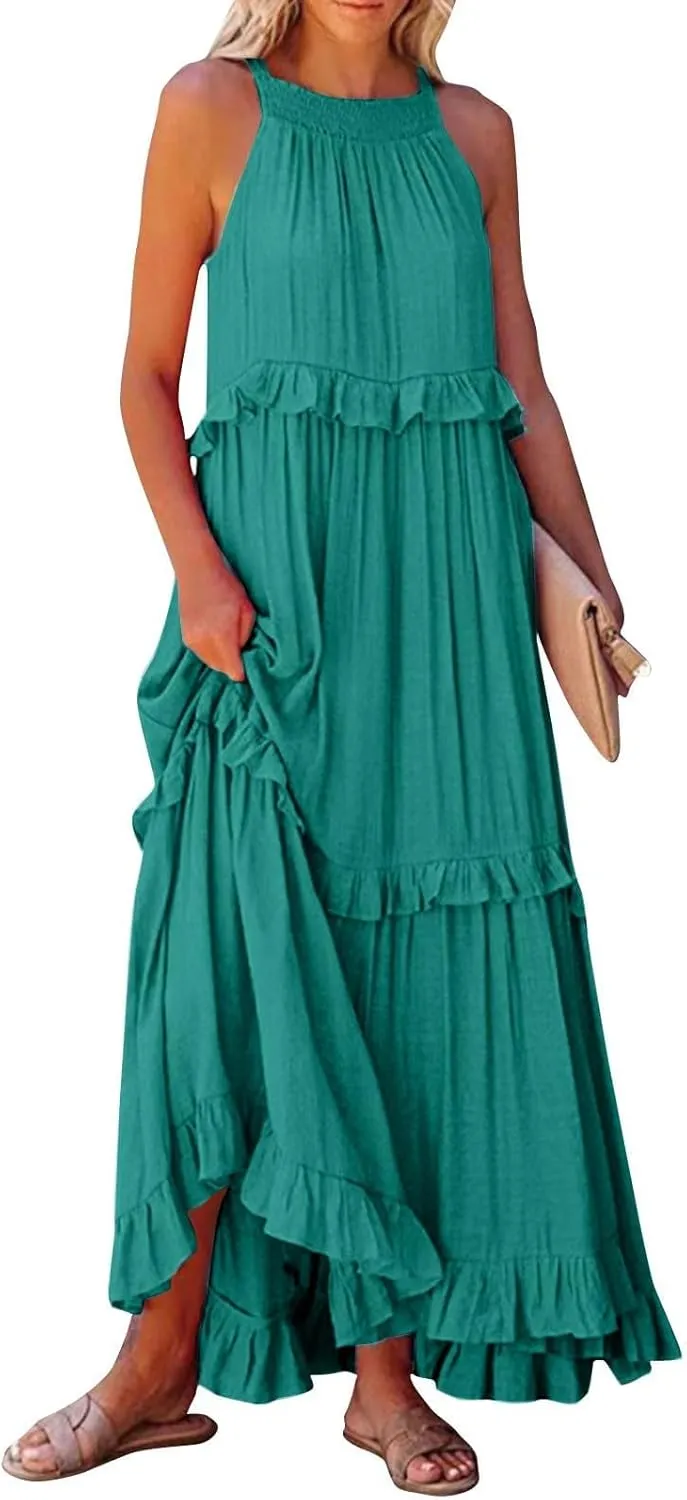 Summer Dresses for Women Casual Sleeveless Halter Tiered Beach Sundresses Flowy Swing Maxi Long Dresses
