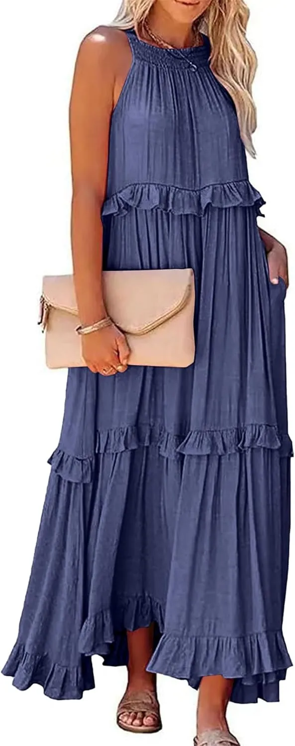 Summer Dresses for Women Casual Sleeveless Halter Tiered Beach Sundresses Flowy Swing Maxi Long Dresses