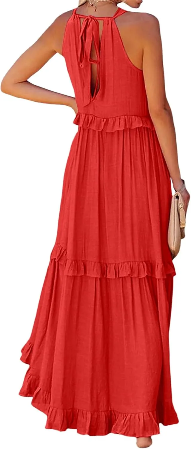 Summer Dresses for Women Casual Sleeveless Halter Tiered Beach Sundresses Flowy Swing Maxi Long Dresses
