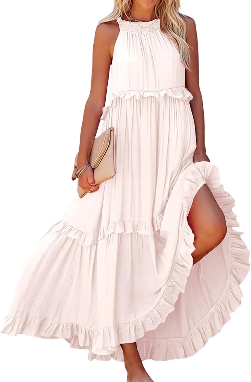 Summer Dresses for Women Casual Sleeveless Halter Tiered Beach Sundresses Flowy Swing Maxi Long Dresses