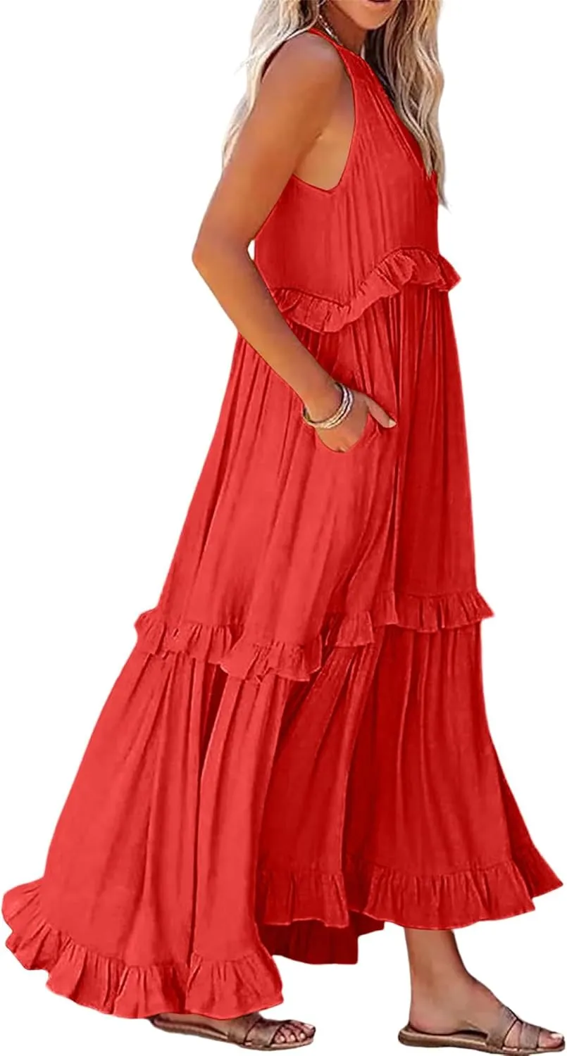 Summer Dresses for Women Casual Sleeveless Halter Tiered Beach Sundresses Flowy Swing Maxi Long Dresses