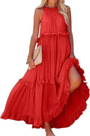 Summer Dresses for Women Casual Sleeveless Halter Tiered Beach Sundresses Flowy Swing Maxi Long Dresses