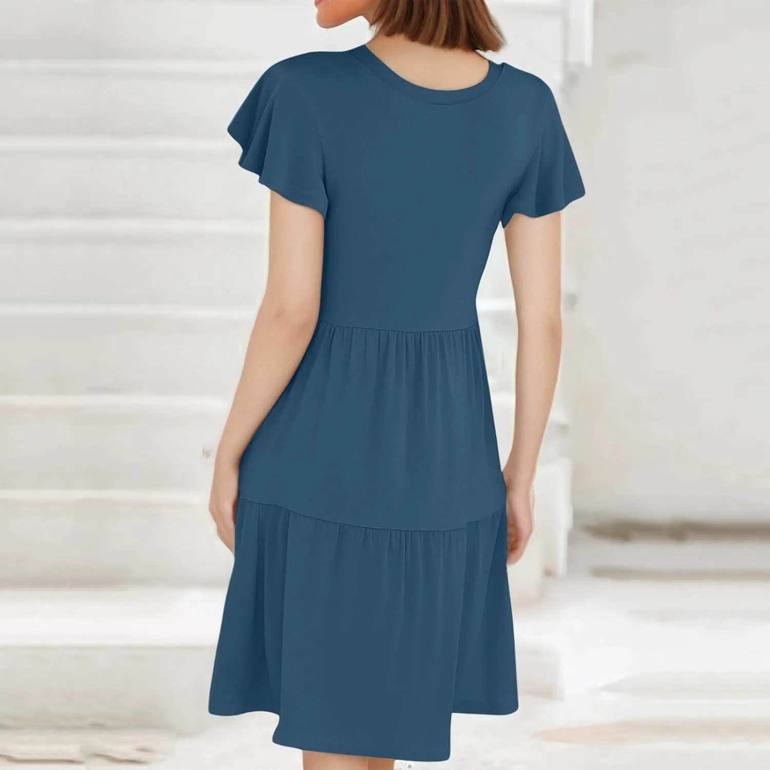Summer Dresses for Women Cruise Hawaiian Ruffle Sleeve Round Neck Floral Flowy A-Line Beach Vacation Boho Sundresses