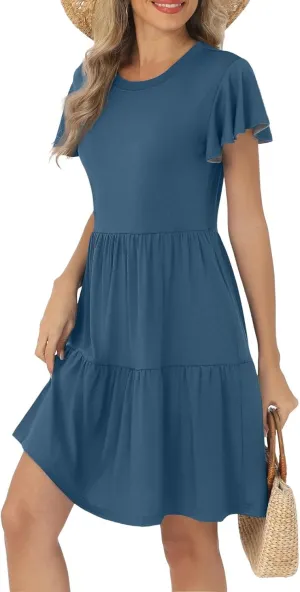 Summer Dresses for Women Cruise Hawaiian Ruffle Sleeve Round Neck Floral Flowy A-Line Beach Vacation Boho Sundresses