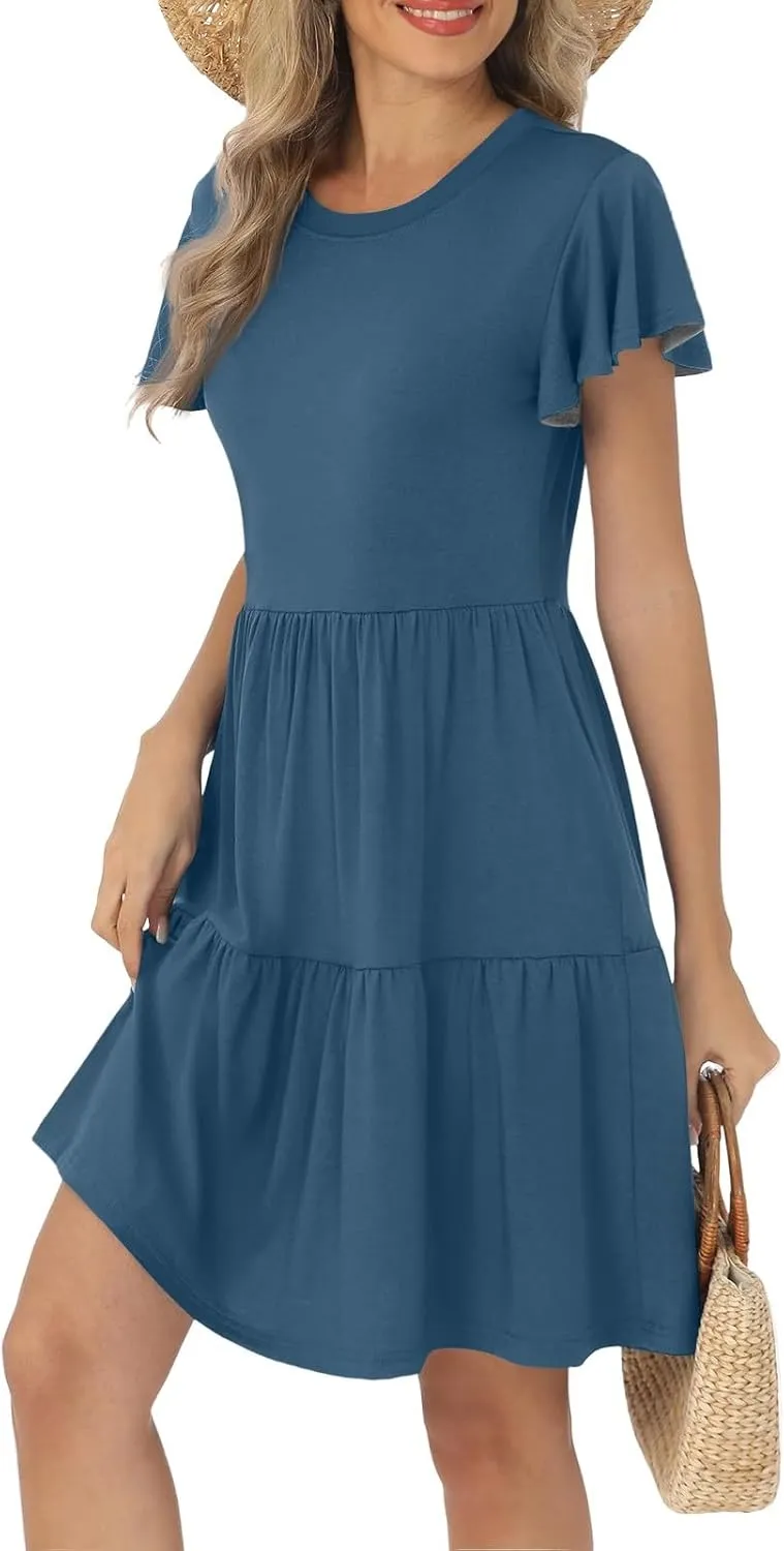 Summer Dresses for Women Cruise Hawaiian Ruffle Sleeve Round Neck Floral Flowy A-Line Beach Vacation Boho Sundresses
