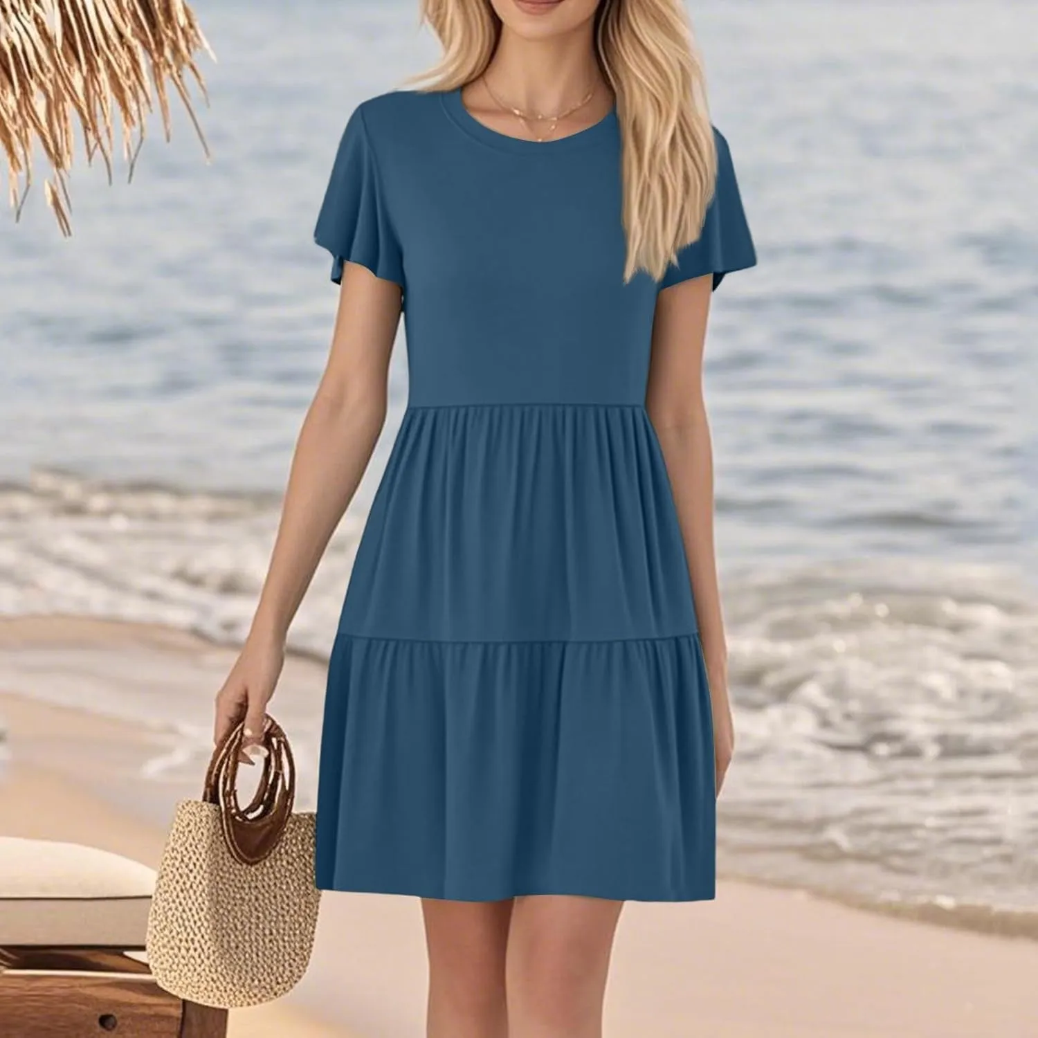 Summer Dresses for Women Cruise Hawaiian Ruffle Sleeve Round Neck Floral Flowy A-Line Beach Vacation Boho Sundresses
