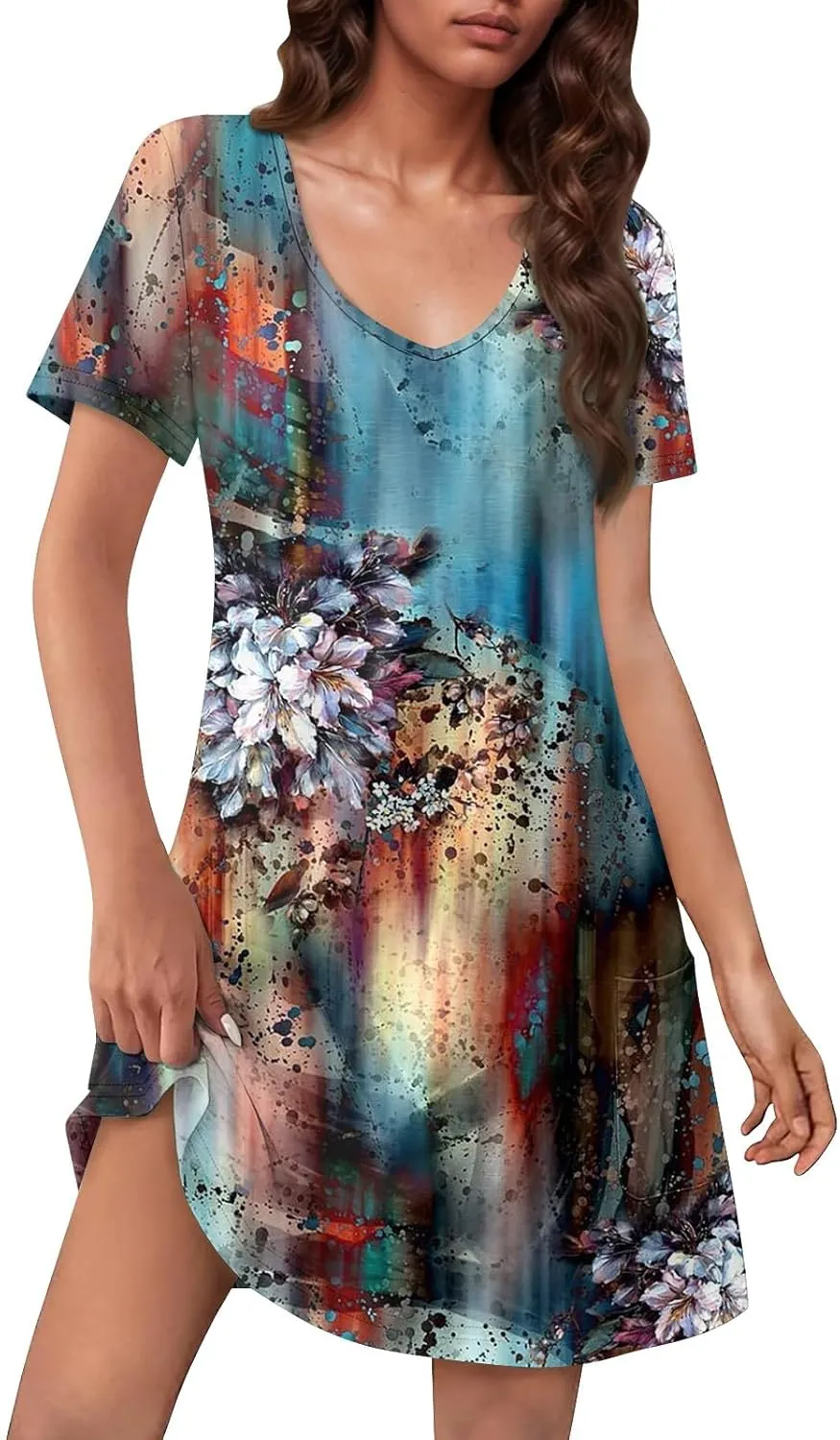 Summer Dresses for Women V-Neck Short Sleeve T Shirt Dress Casual Sundresses Floral Swimsuit Coverup Loose with Pockets