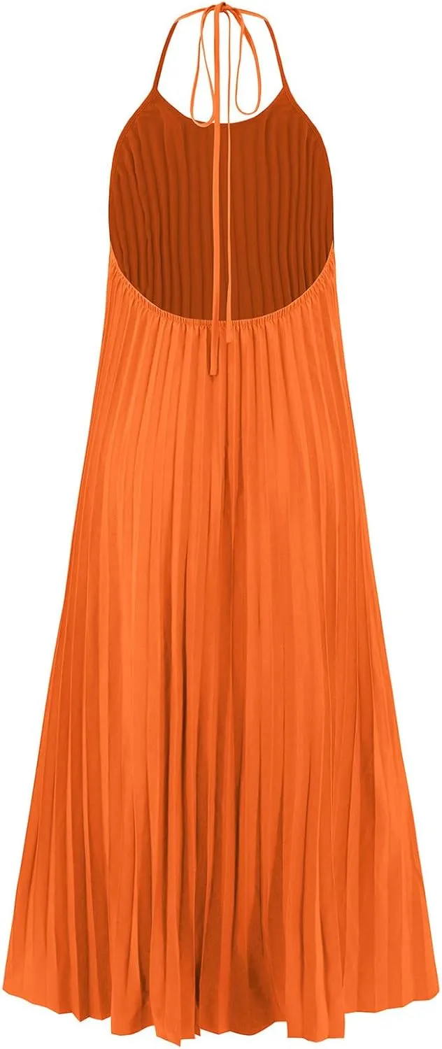 Summer Halter Sundress for Women Hawaiian Vacation Party Beach Dress Sexy Casual Backless Flowy Pleated Maxi Dresses