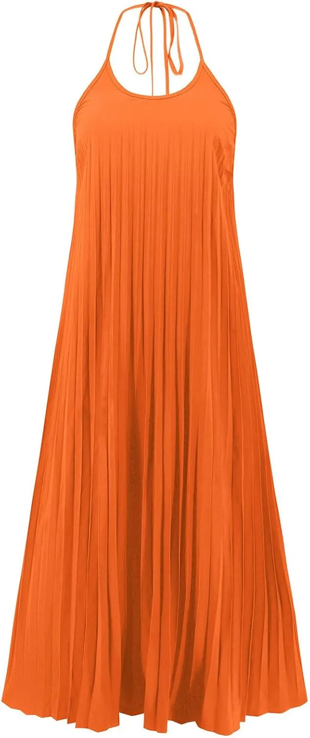 Summer Halter Sundress for Women Hawaiian Vacation Party Beach Dress Sexy Casual Backless Flowy Pleated Maxi Dresses