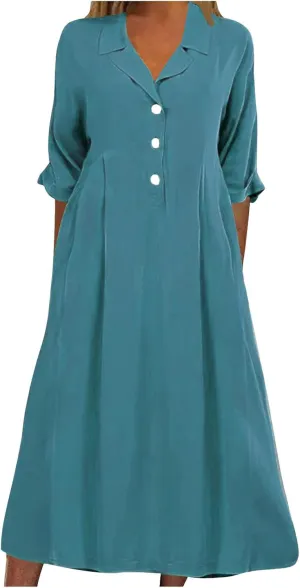 Summer Midi Dresses for Women 2024 Button Down Dress Lapel Neck Trendy Formal Plus Size Clothes Business Going Out