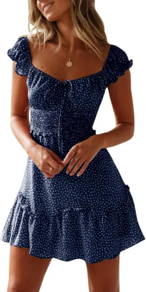 Summer Mini Dress for Women Sexy Lace Up U Neck Short Sleeve Mini Dresses Trendy Slim Floral Tunic Ruffle Hem Dress