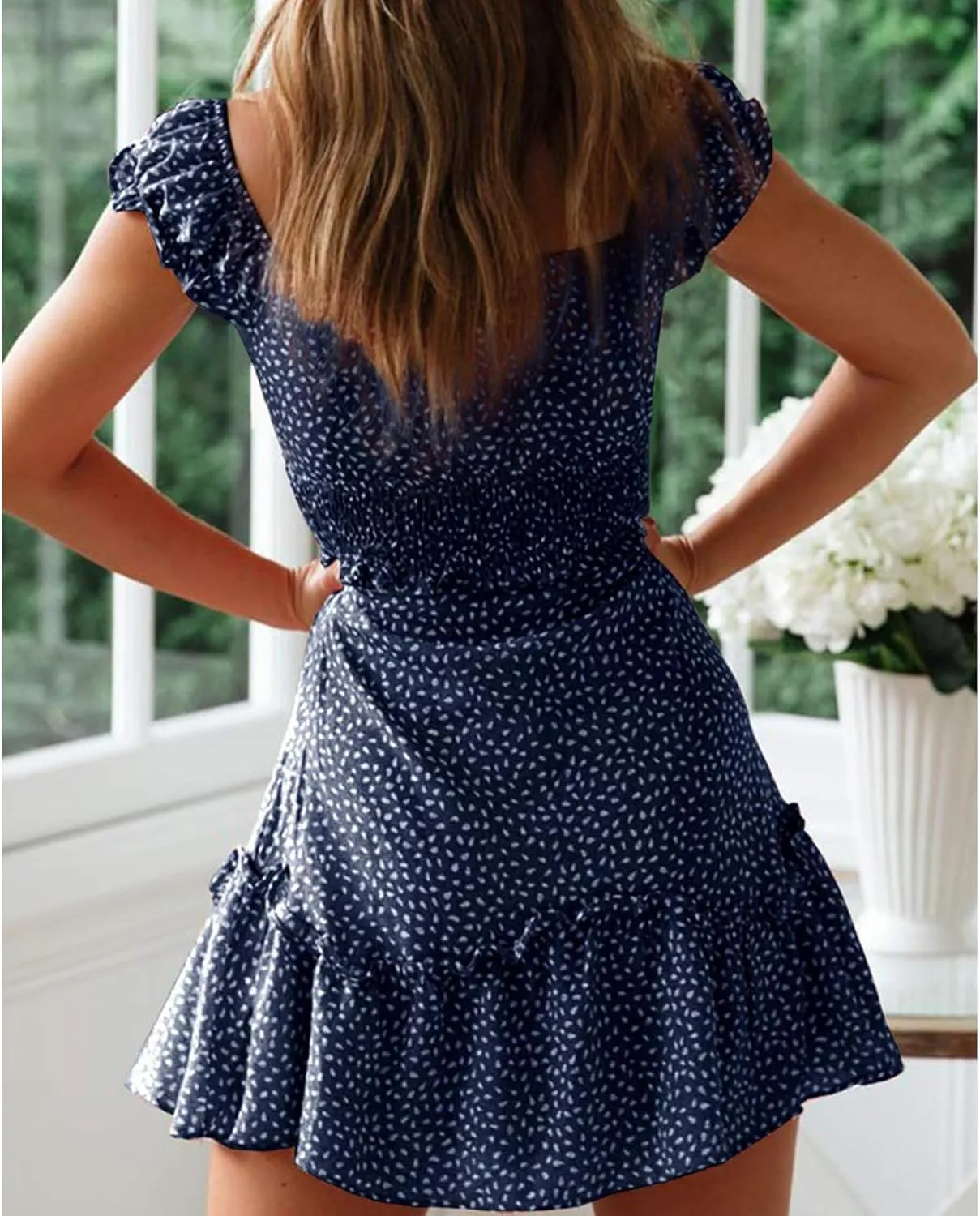Summer Mini Dress for Women Sexy Lace Up U Neck Short Sleeve Mini Dresses Trendy Slim Floral Tunic Ruffle Hem Dress