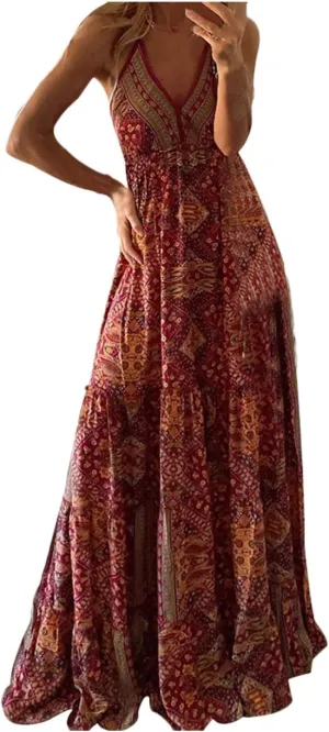 Summer Womens Casual Maxi Dresses Sleeveless Cami Dress Bohemian Swing Slip Flowy Floral Beach Sundresses Long